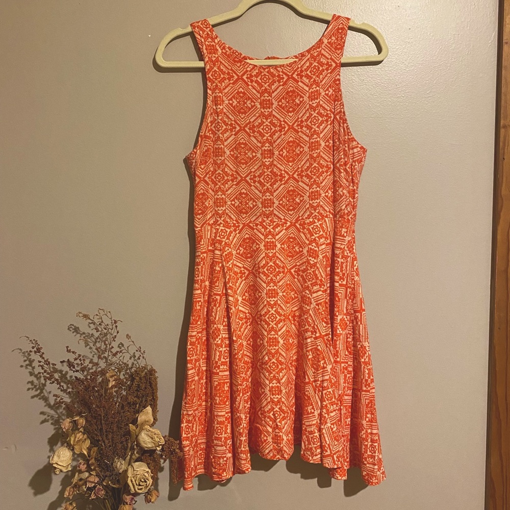Orange Aztec print fit and flare dress